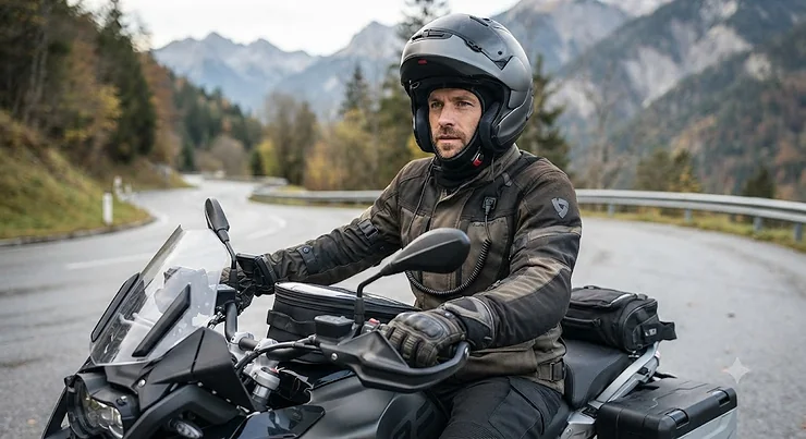 A rider wearing a heated motorcycle helmet liner under a full-face helmet for cold weather touring