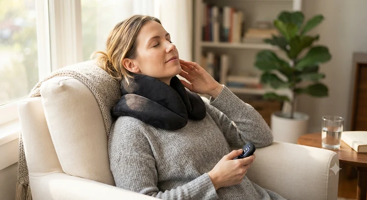 Woman relaxing at home wearing a soothing heated neck wrap for migraine pain relief