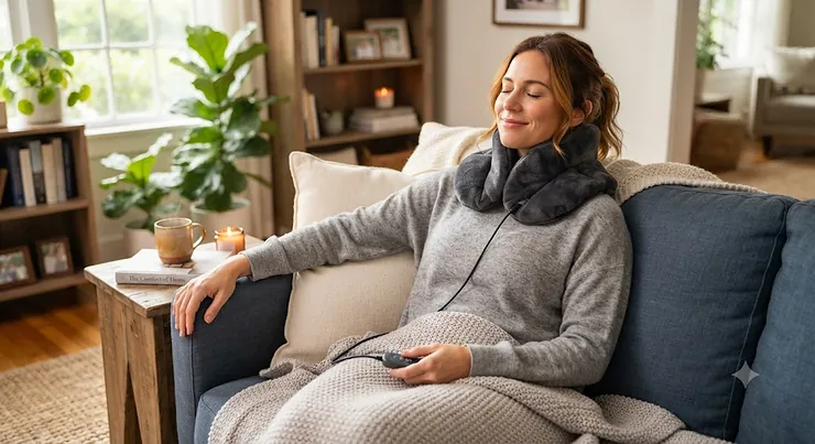 vWoman relaxing at home while wearing a heated neck wrap for neck pain relief on her couch.