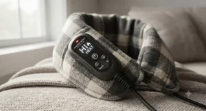 Close-up view of the digital temperature controller on a flannel heated neck wrap
