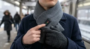 Close-up of a person adjusting the temperature settings on a heated scarf for winter commuting