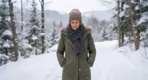 A person walking outdoors in a snowy landscape wearing a cozy heated scarf to manage Raynaud's disease sensitivity.
