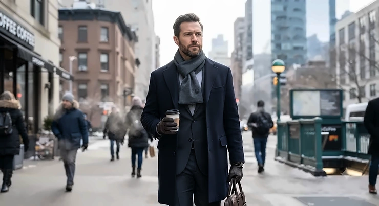 A professional wearing a stylish heated scarf for winter commuting in a city setting