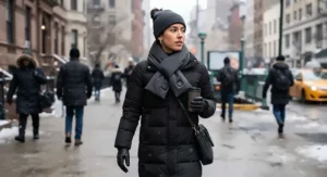 Person wearing a warm puffer jacket and a heated scarf for winter commuting in freezing temperatures