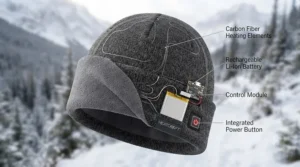 Infographic diagram showing how the battery-powered heating elements inside the winter cap work.