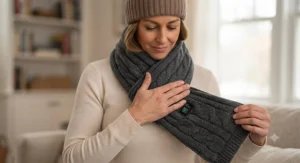 A demonstration showing how to properly wrap a heated scarf to provide therapeutic warmth for Raynaud's disease patients.