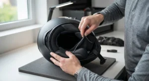 Hands adjusting a thermal heated motorcycle helmet liner inside the padding of an open motorcycle helmet