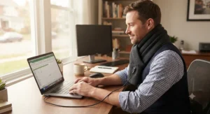 Man sitting at a desk indoors, plugged into a laptop using a USB heated scarf to stay warm during work.