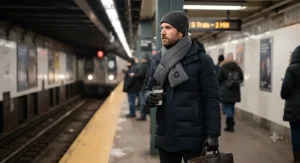 Man waiting on a cold subway platform wearing a modern heated scarf for winter commuting