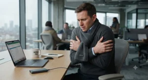 Man shivering slightly before putting on his USB heated scarf in a cold office environment.