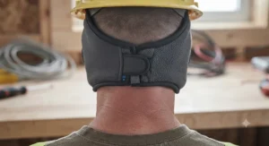 Rear view of an adjustable heated hard hat liner showing the snug fit and neck coverage.