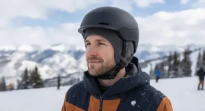Men wearing a heated ski helmet liner comfortably beneath a snowboard helmet