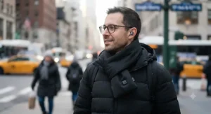 Close-up of a man using a black rechargeable heated scarf during a chilly morning commute in the city.