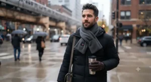 A man wearing a black USB heated scarf during his morning commute in chilly weather.