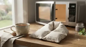 Herbal microwaveable heated neck wrap for migraine warming up beside a cup of tea