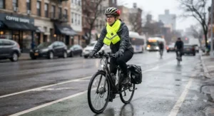 A cyclist wearing a high-visibility heated scarf for winter commuting on urban streets