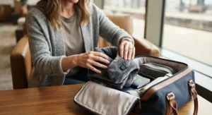 Person packing a portable heated neck wrap for migraine into a travel bag for use on the go
