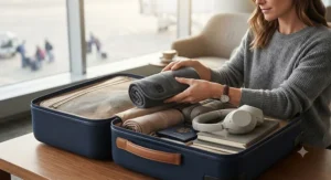 Traveler packing a compact, rechargeable heated neck wrap for neck pain into a carry-on bag.