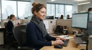 Professional employee staying warm with an electric heated scarf in a chilly office cubicle.