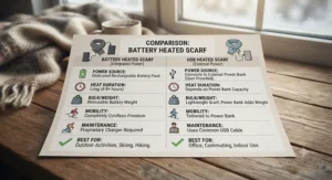 Infographic chart comparing the pros and cons of battery heated scarf vs USB heated scarf options.