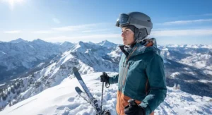 Skier on a snowy mountain peak wearing a heated ski helmet liner for warmth