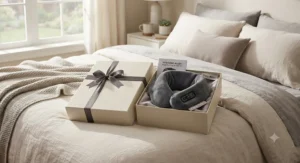Gift-boxed therapeutic heated neck wrap for neck pain resting on a cozy bed with pillows.