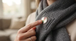 Hand pressing the LED temperature control button on a smart heated scarf showing multiple heat settings.