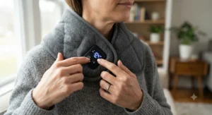 Hands adjusting heat settings on a rechargeable heated neck wrap for migraine management