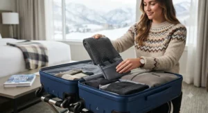 Traveler packing a lightweight USB heated scarf into a suitcase for a cold-weather winter vacation.