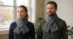 A modern, unisex heated scarf featuring soft fabric, ideal for men and women seeking Raynaud's disease relief.