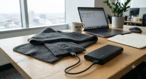 A USB heated scarf plugged into a portable power bank on an office workspace.