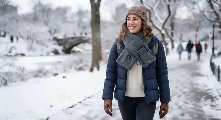 A person wearing a stylish USB heated scarf while walking outdoors on a cold winter day.