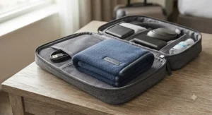 Compact USB powered heated neck wrap folded neatly inside a travel organizer bag