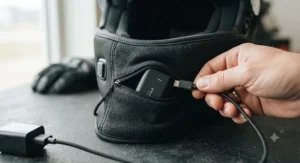 A USB charging cable plugged into the battery pocket of a black heated motorcycle helmet liner
