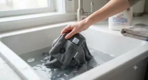 A hand washing a durable USB heated scarf designed to be safe for gentle machine or hand washing.