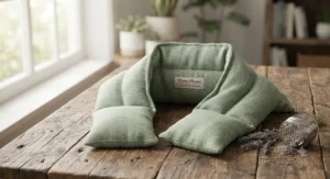 Microbead weighted herbal heated neck wrap featuring lavender aromatherapy