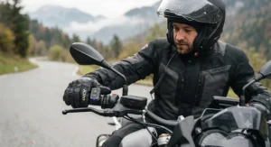 A rider using a handlebar-mounted wireless remote to adjust their heated motorcycle helmet liner temperature