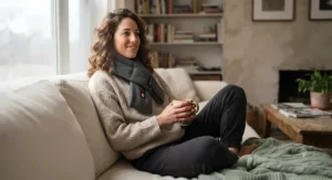A woman relaxing on the couch at home while wearing a cozy USB heated scarf around her neck.
