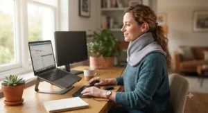 Woman working at a desk while wearing a gray heated neck wrap to ease muscle tension