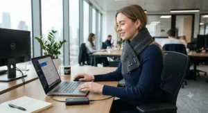 Woman typing on a laptop at work wearing a battery-powered heated scarf indoors.