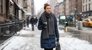 Woman walking on a snowy city sidewalk wearing a cozy heated scarf for winter commuting