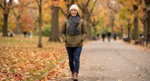 Woman wearing a rechargeable battery heated scarf while walking outdoors on a chilly autumn day in the US.