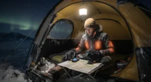 Polar camper staying warm in a heated body suit while monitoring gear inside a tent at night.
