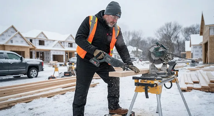Man wearing a black battery heated body suit while working outdoors in winter