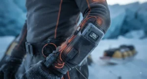 Close-up of the battery control unit on a heated body suit designed for sub-zero polar camping.