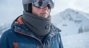 A battery-powered heated neck wrap for skiing designed to keep warm in extreme cold weather.