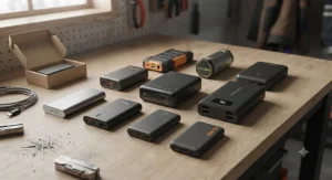 Selection of various portable power banks suitable for a heated body suit battery replacement.