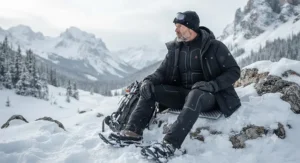 Hiker sitting in the snow wearing a black battery heated body suit for extreme cold