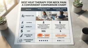 An informative summary chart evaluating heated neck wrap vs heating pad neck options based on convenience, cost, and pain relief.