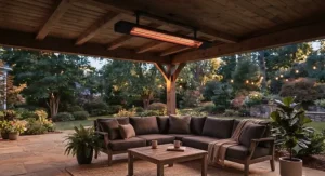 Modern infrared heater for covered patio setup with comfortable outdoor couches during evening use.